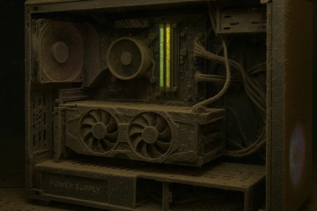 Dust covering the fans, graphics card, and cables inside a desktop computer.